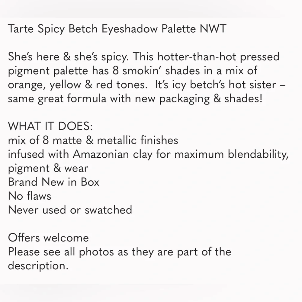 TARTE Spicy Betch Eyeshadow Palette NWT 8 Stunning Colors To Light Up Your Face